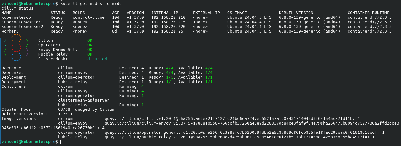 Terminal showing the current four-node Kubernetes cluster and healthy Cilium components