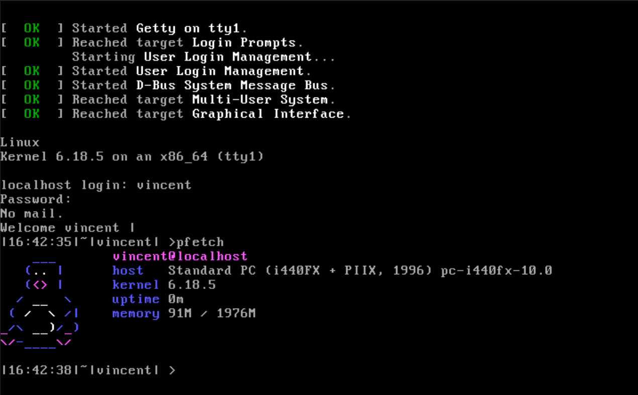 Tannhauser Linux From Scratch booted to a local TTY, showing kernel 6.18.5 and a successful Vincent login